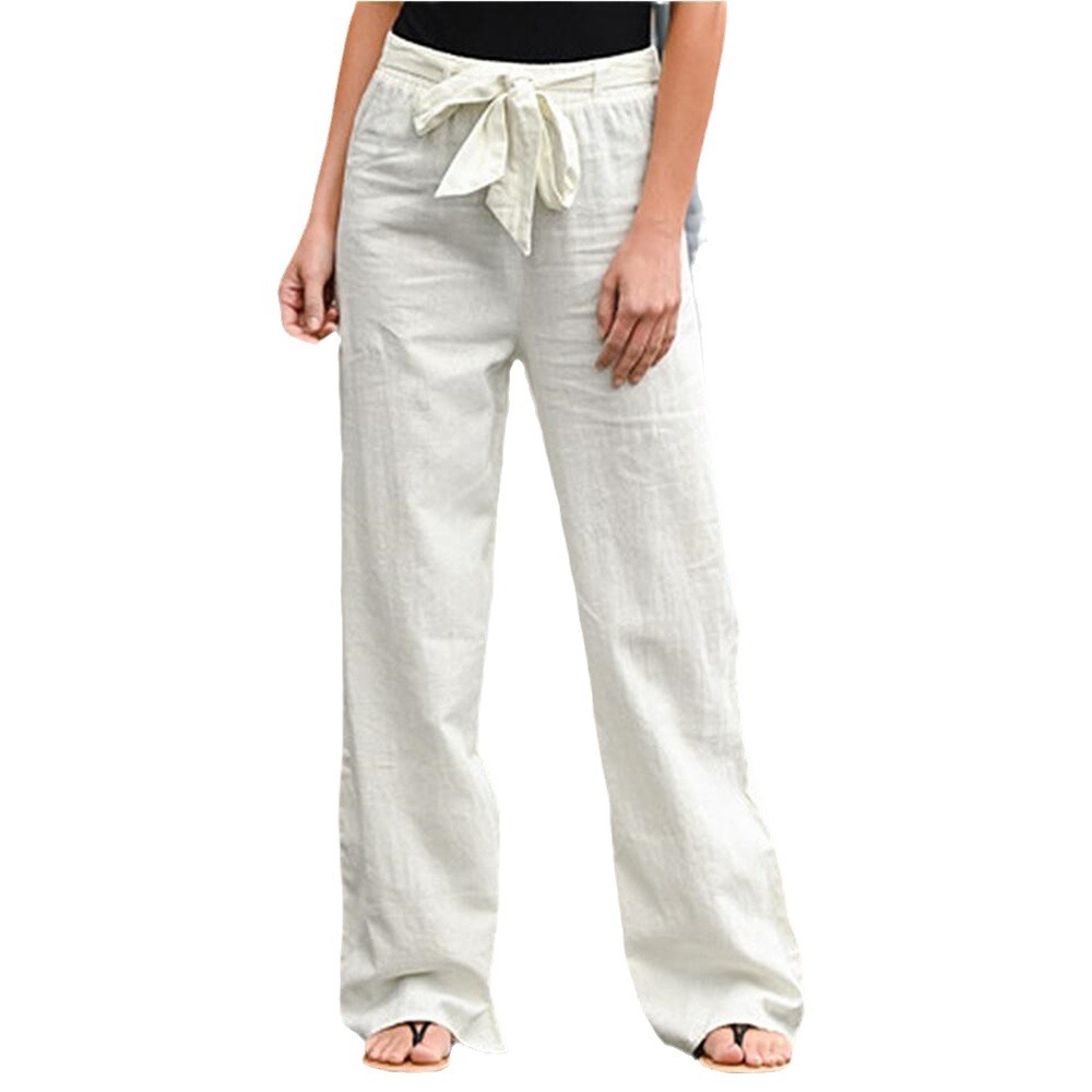 Linen Pant Wide - Elastic Waist Solid Color Cotton and