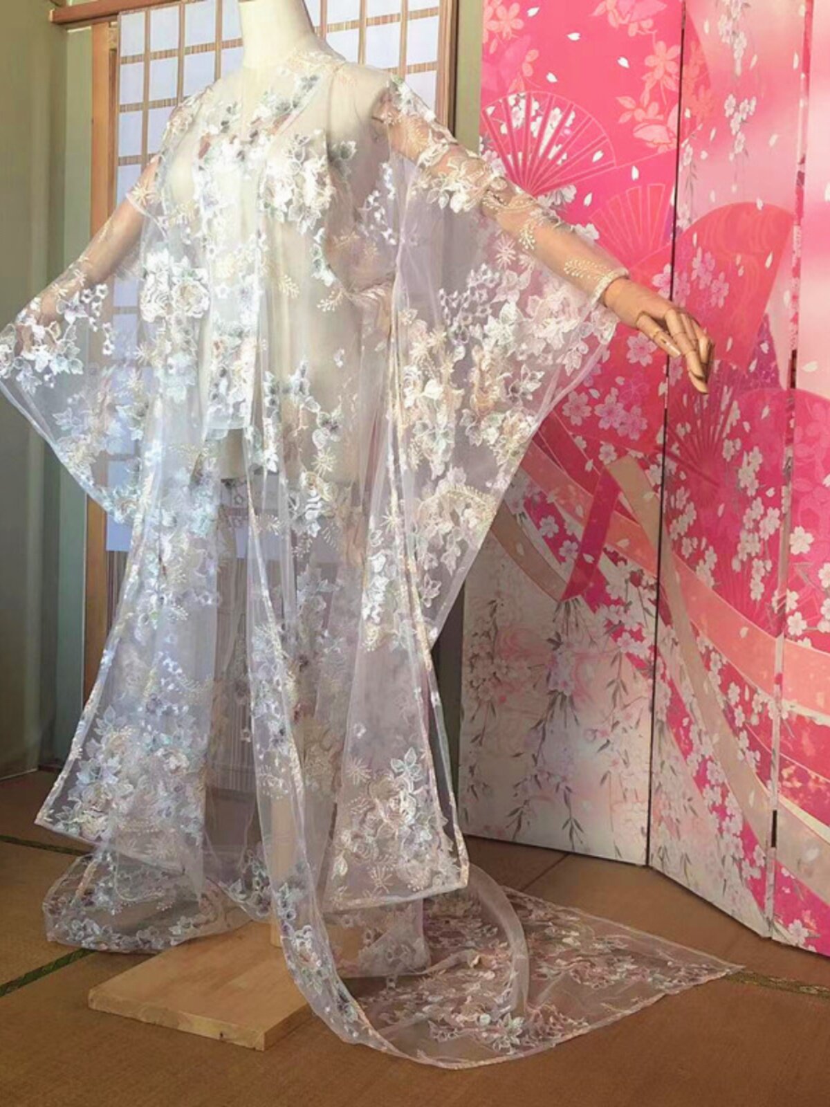 Kimono Sheer Floral - Japanese Style Sheer Floral Embroidery Kimono