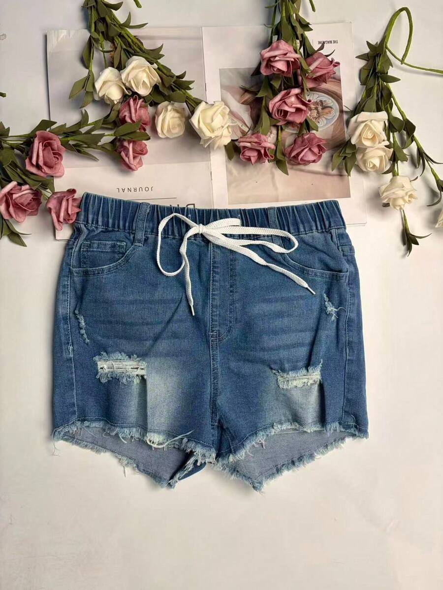 Womens Elastic Waist Frayed He - огляд і ціна Shorts Denim Frayed